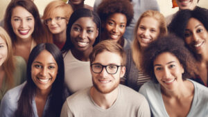 Stock image: A Diverse crowd of people smiling at the camera.