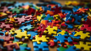Stock image: A scatterred collection of multicoloured puzzle pieces