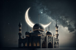 Stock image: A mosque showing a moon and star behind it, respresenting islam