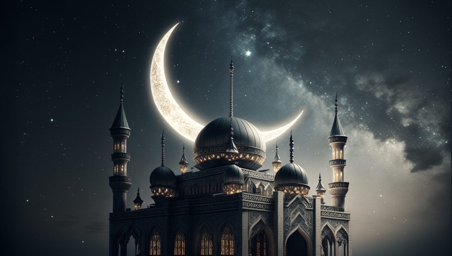 crescent shaped moon and mosque in front of night cloudy and starry sky. ramadan, the holy month of muslims